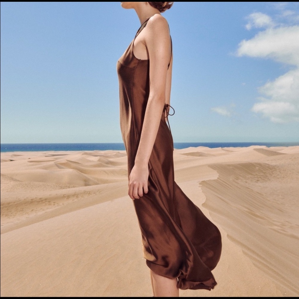 BROWN SILK MIDI DRESS - Picture 2 of 6